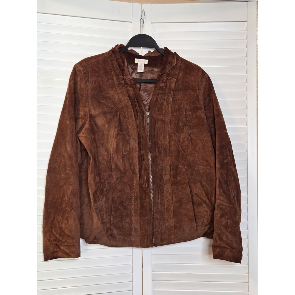 Chico's Genuine Leather Suede Jacket Size 2 Brown Ruffle Collar Zip Front Coat